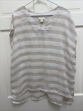 St. Tropez Linen  Beige and White Striped VNeck Tunic